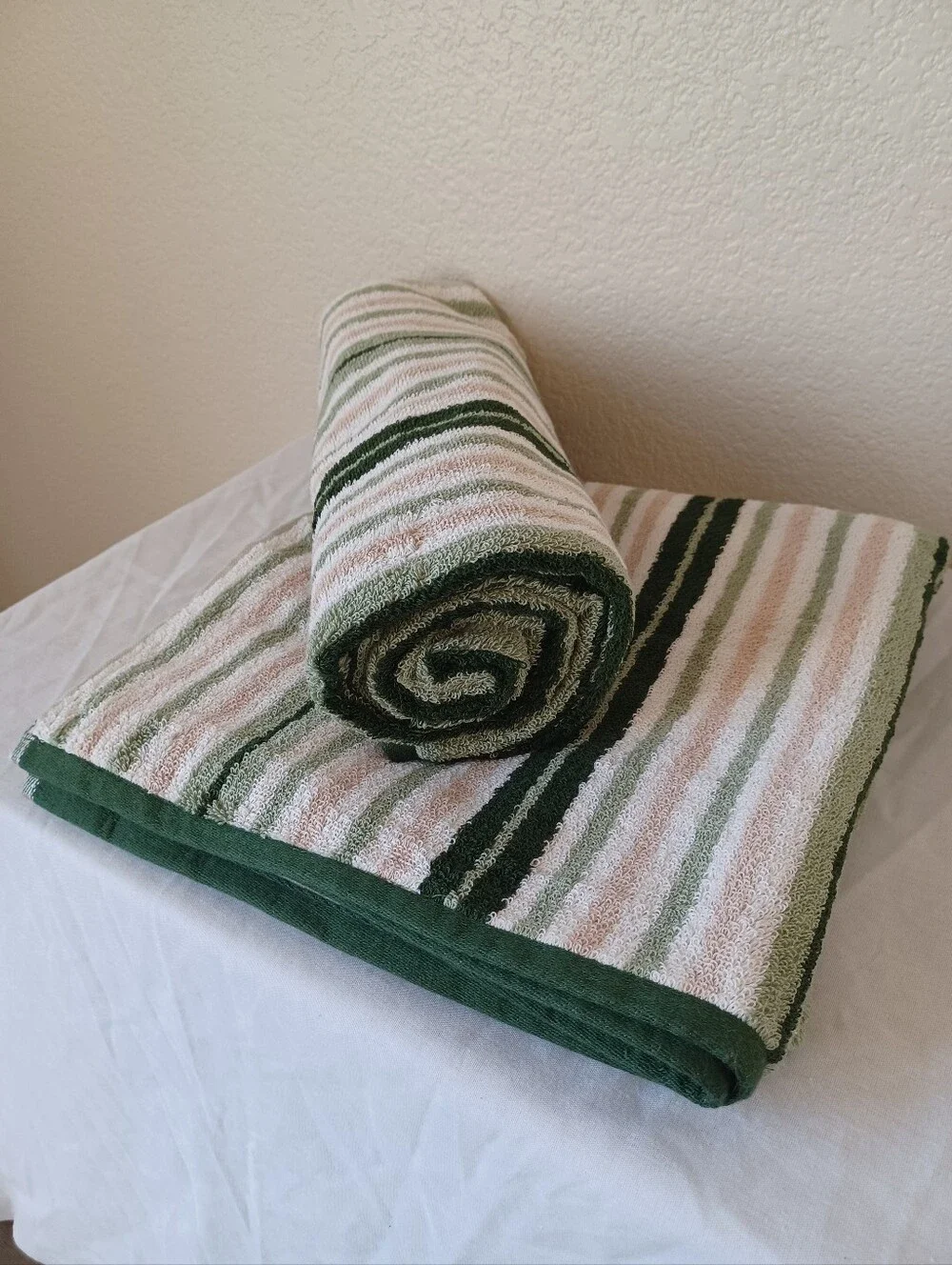 NWT 2 PIECE SET The Big One Bath Towel 100% Cotton Green White Tan Stripes 52x27